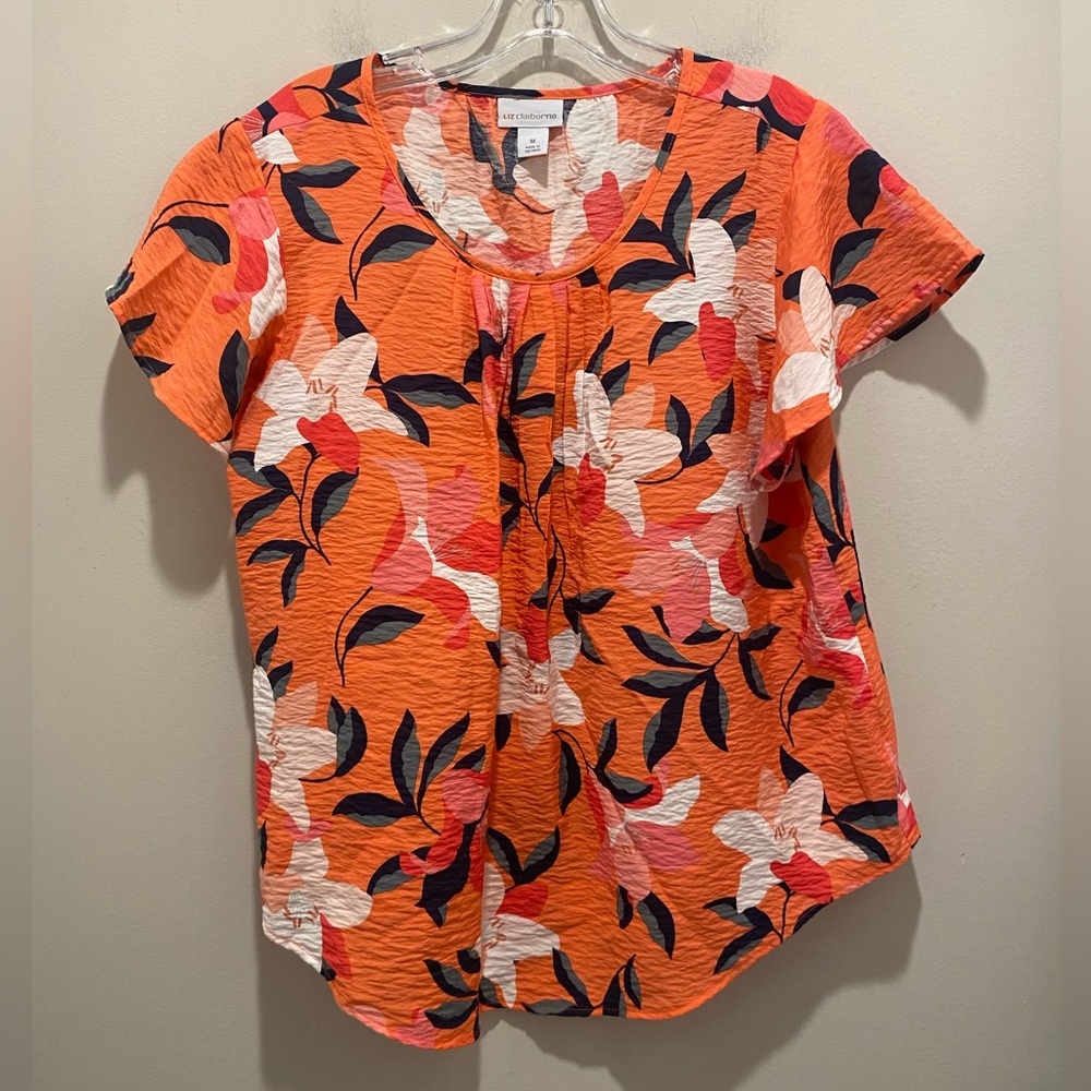 Liz Claiborne Orange Floral Short-Sleeve Blouse Women’s Size Medium EUC Spring